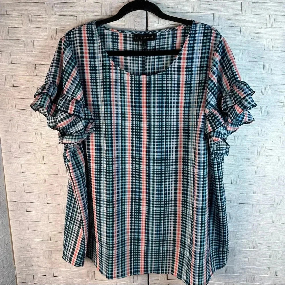 Lane Bryant Plaid Ruffle Sleeve Blouse - Blue and Pink